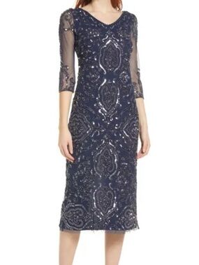 Pisarro Nights Beaded Sequin Midi Dress Size 14 Smoky Gray NWOT Formal Evening